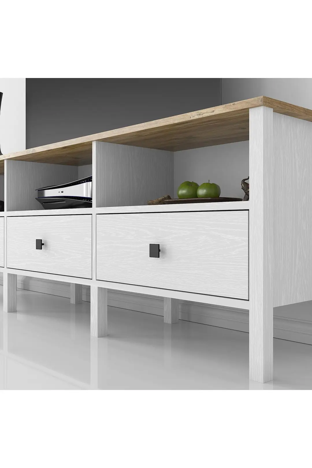 Venezia 3 Çekmece 3 Bölmeli Ahşap Ayaklı Tv 150 Cm Tv Ünitesi - Minifiksli -Atlantik çam /Wood Beyaz